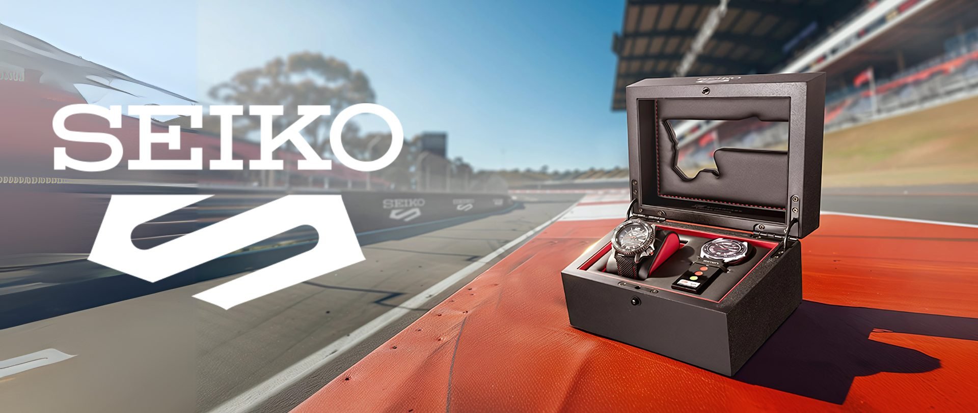 Seiko5Sports x Supercars 2025 Limited Edition SRPL54K watch with a bold black dial, red accents, and a black strap with red stitching, displayed alongside a collector's box featuring a Mount Panorama racetrack map