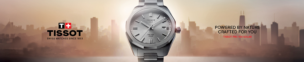 Tissot PRC 100 Solar watch advertisement with city skyline background. Tissot PRC 100 Solar watch advertisement with city skyline background.