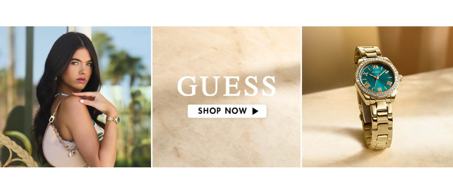 GUESS ad showing a woman wearing a gold watch and a close‑up of the same watch