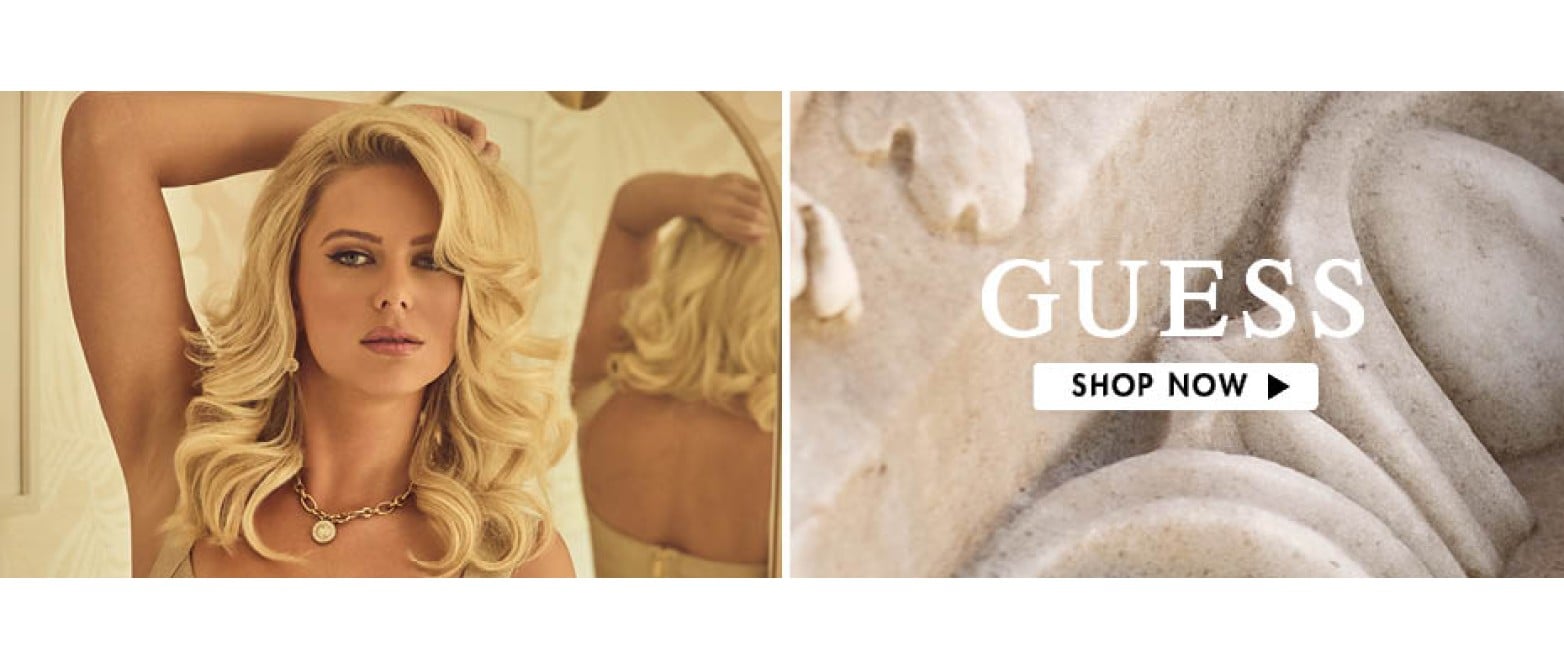 GUESS ad showing a woman wearing a gold necklace