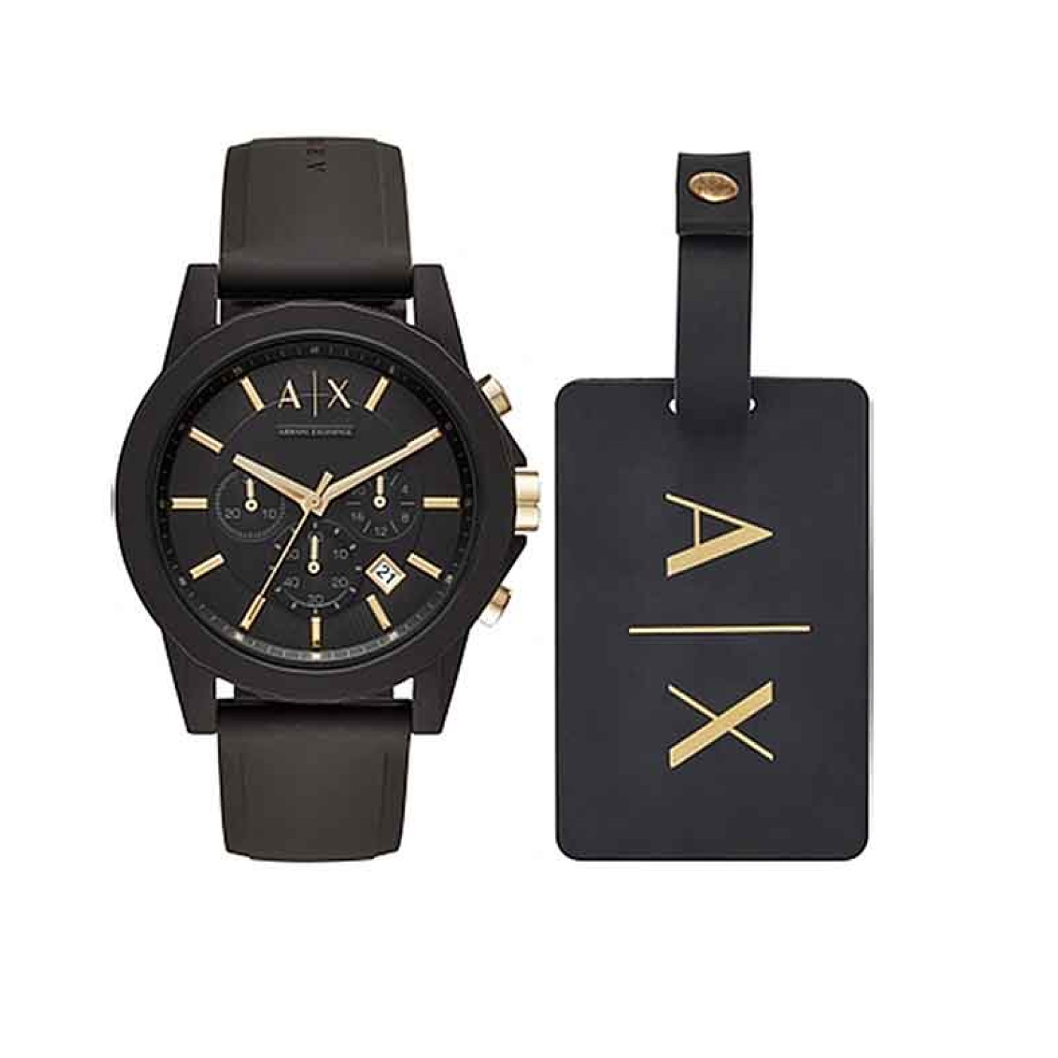 AX7105 A|X Armani Exchange Luggage Tag Gift Set - Aix Armani Watches NZ AX7105 A|X Armani Exchange Luggage Tag Gift Set. This mens gift set from Armani Exchange features a watch with a matte black chronograph dial, gold-tone stick indexes, black IP case and finished with a black silicone strap. The gift set is completed by a