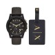 AX7105 A|X  Armani Exchange Luggage Tag Gift Set. This mens gift set from Armani Exchange features a watch with a matte black chronograph dial, gold-tone stick indexes, black IP case and finished with a black silicone strap. The gift set is completed by a
