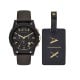AX7105 A|X Armani Exchange Luggage Tag Gift Set - Aix Armani Watches NZ AX7105 A|X Armani Exchange Luggage Tag Gift Set. This mens gift set from Armani Exchange features a watch with a matte black chronograph dial, gold-tone stick indexes, black IP case and finished with a black silicone strap. The gift set is completed by a