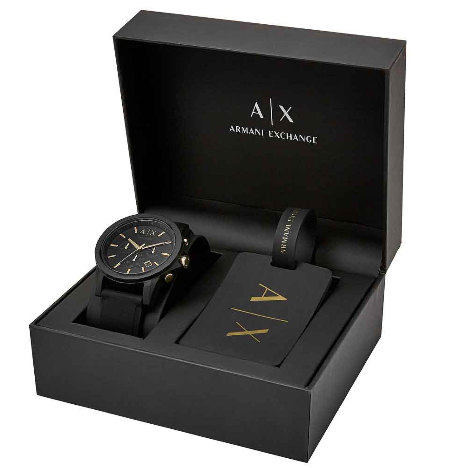 AX7105 A|X  Armani Exchange Luggage Tag Gift Set. This mens gift set from Armani Exchange features a watch with a matte black chronograph dial, gold-tone stick indexes, black IP case and finished with a black silicone strap. The gift set is completed by a