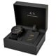 AX7105 A|X  Armani Exchange Luggage Tag Gift Set. This mens gift set from Armani Exchange features a watch with a matte black chronograph dial, gold-tone stick indexes, black IP case and finished with a black silicone strap. The gift set is completed by a