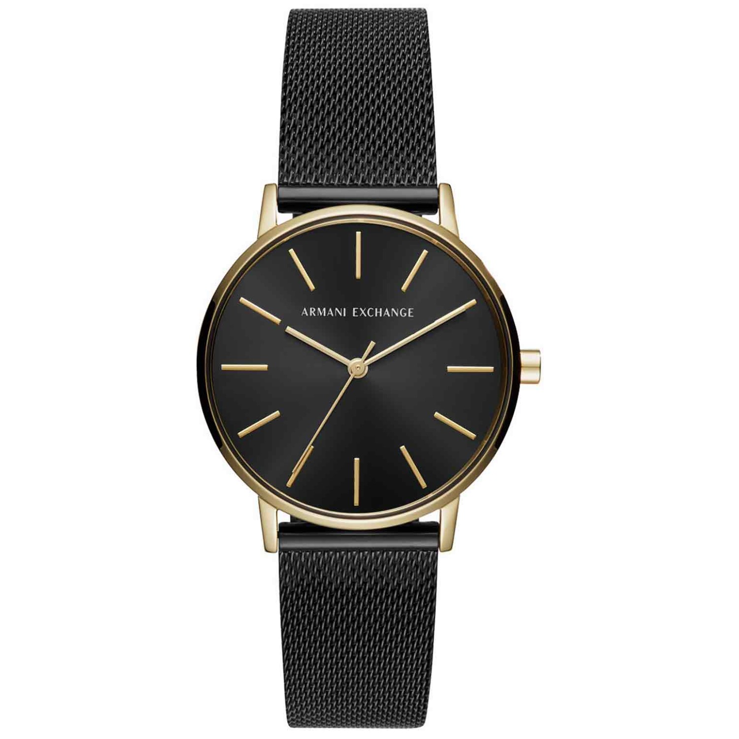 AX5548 A|X  Armani Exchange Watch. Polished gold-tone indexes accent the black sunray dial of this sleek Armani Exchange ladies watch, finished with a gold tone case and black mesh bracelet Humm -Buy Little things up to $1000 and choose 10 weekly @christi
