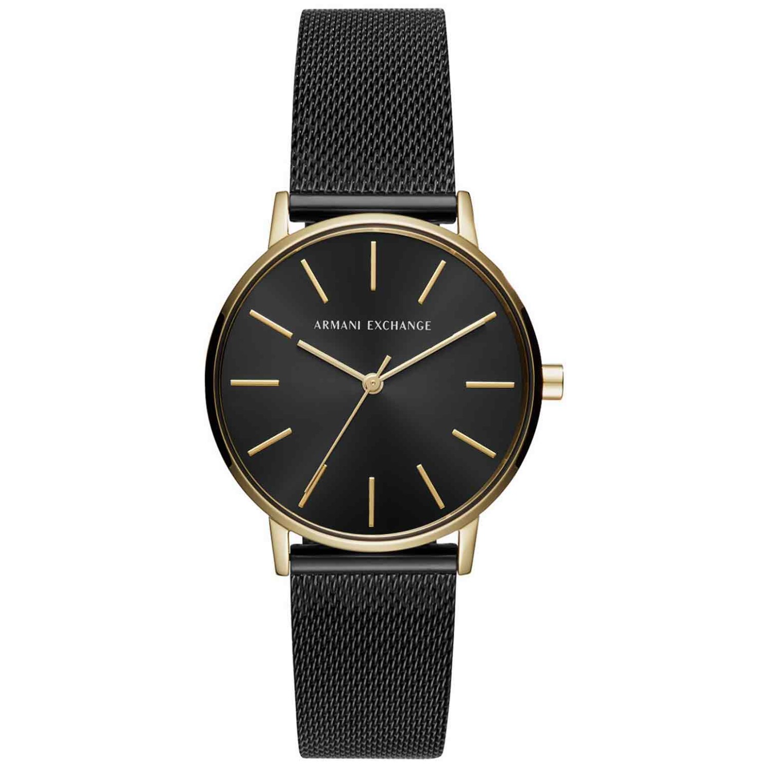 AX5548 A|X Armani Exchange Watch AX5548 AX5548 A|X Armani Exchange Watch. Polished gold-tone indexes accent the black sunray dial of this sleek Armani Exchange ladies watch, finished with a gold tone case and black mesh bracelet Humm -Buy Little things up to $1000 and choose 10 weekly @christi