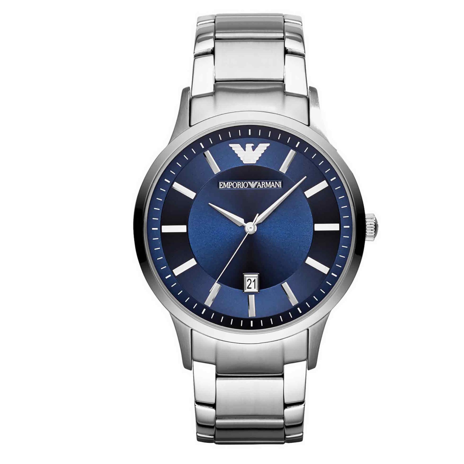 AR11180 Emporio Armani Mens Watch. A bold navy blue dial and polished and brushed bracelet delivers stylish simplicity and elegance to this Armani mens watch.3 Months No Payments and Interest for Q Card holders Oxipay is simply the easier way to pay - use