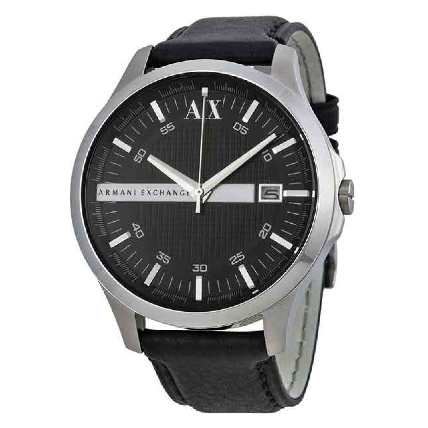 AX2101 A|X  Armani Exchange Hampton. This Mens Armani Exchange AX2101 watch featuring a round stainless steel case and black genuine leather strap. This slick design has a round clear face, black colour dial, silver colour baton hour markers, @christies.o