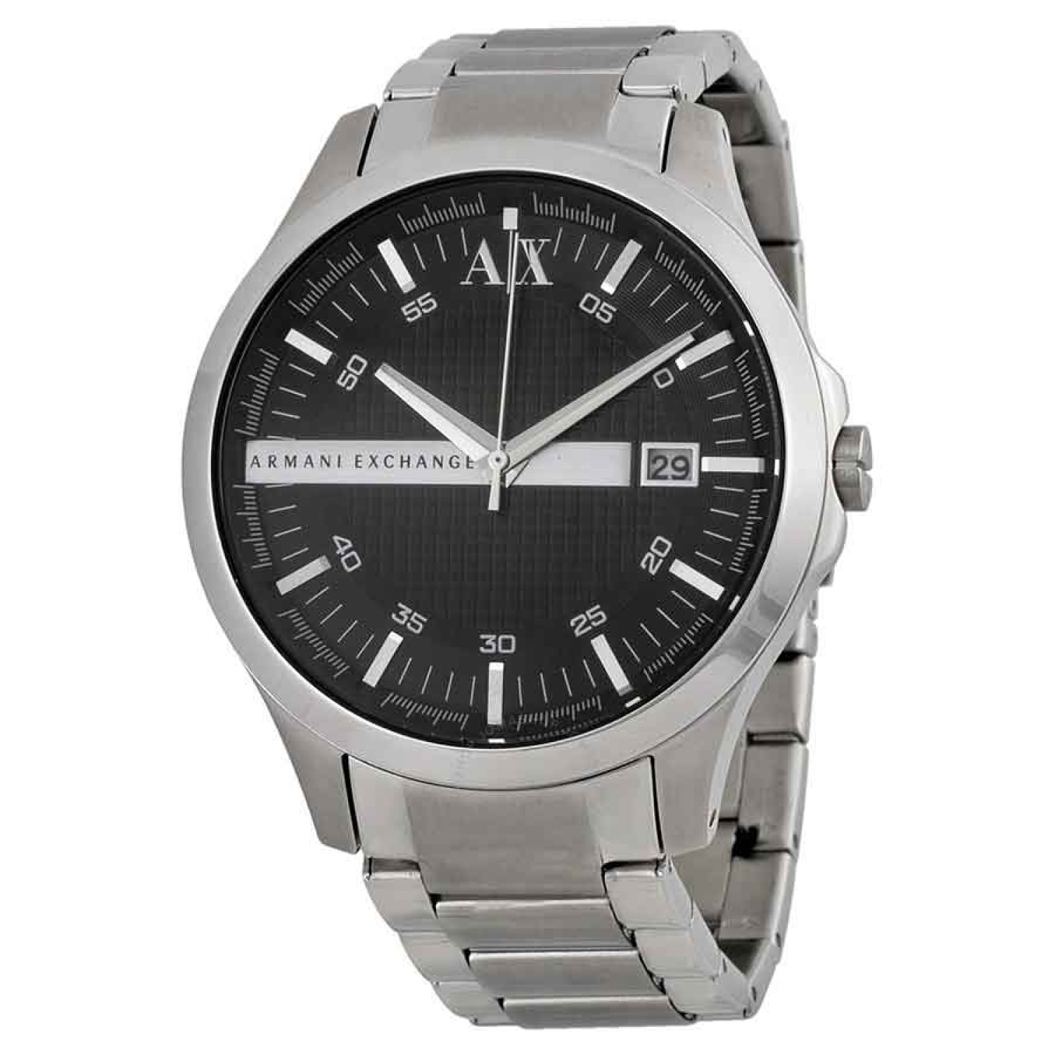 AX2103 A|X  Armani Exchange Watch. The stylish AX2103  mens Armani Exchange watch in stainless steel features a 47mm case and centred on a black dial with silver baton hour markers and date function. The watch is fitted with quartz movement and emporio ar