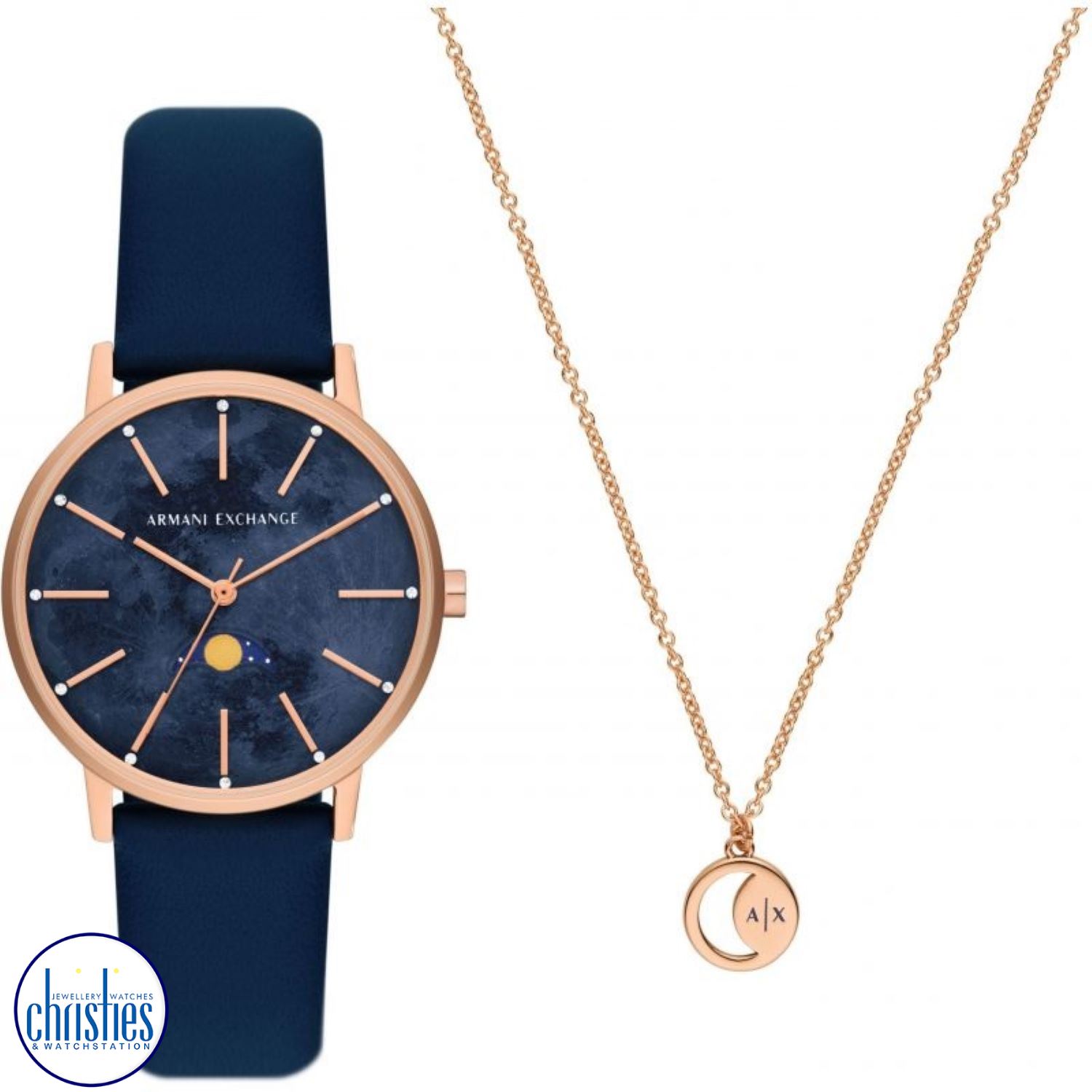 AX7149SET  A|X Armani Exchange Multifunction Moonphase Blue Leather Watch and Rose-Tone Necklace Set Watches NZ