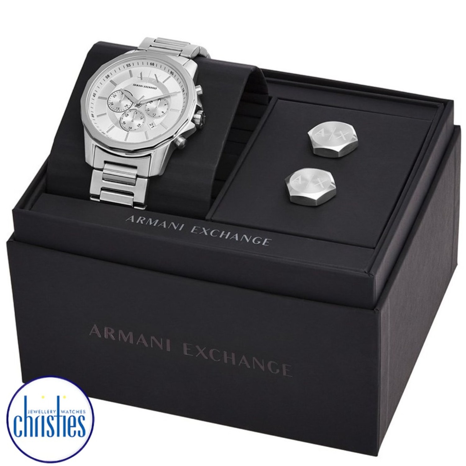 Christies Jewellery - AX7141SET A|X Armani Exchange Chronograph Stainless Steel Watch and Cuff Links Gift Set Watches Auckland NZ AX7141SET A|X Armani Exchange Chronograph Stainless Steel Watch and Cuff Links Gift Set AX7141SET Armani Exchange NZ- Location Auckland - Free Delivery - Afterpay, Laybuy and Zip the easy way to pay