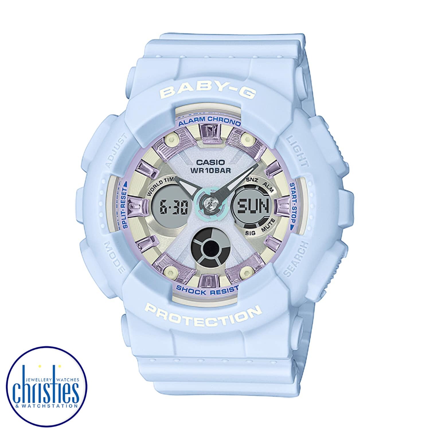 BA130WP-2A Casio BabY-G Watch Icy Pastel Series. Keep your cool with an icy pastel take on the ever-popular mannish BA-130 design with oversized case. Shock-resistant construction and water resistance up to 100 meters deliver the durable practicality you 