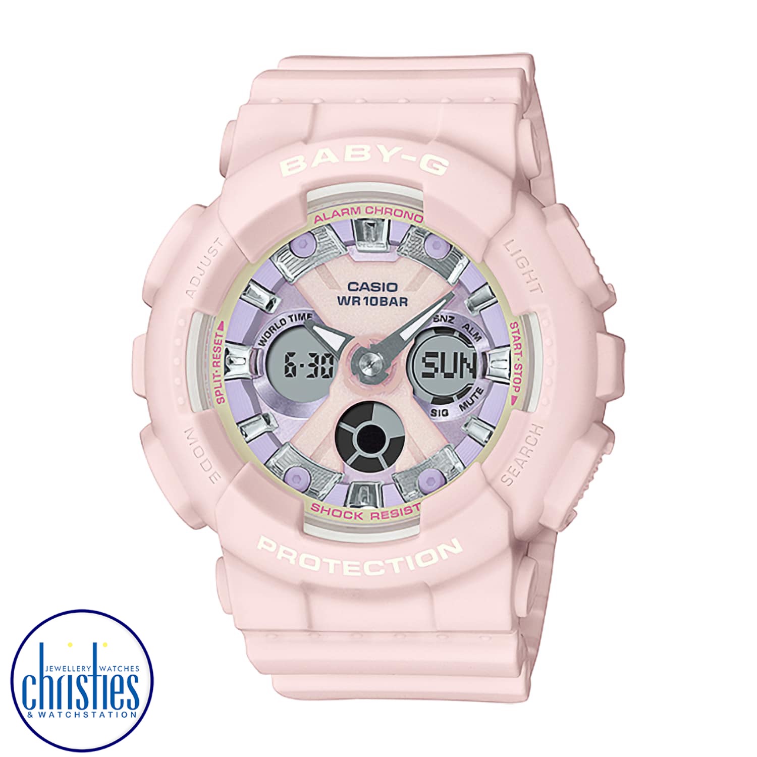 BA130WP-4A Casio BabY-G Watch Icy Pastel Series. Keep your cool with an icy pastel take on the ever-popular mannish BA-130 design with oversized case. Shock-resistant construction and water resistance up to 100 meters deliver the durable practicality you 