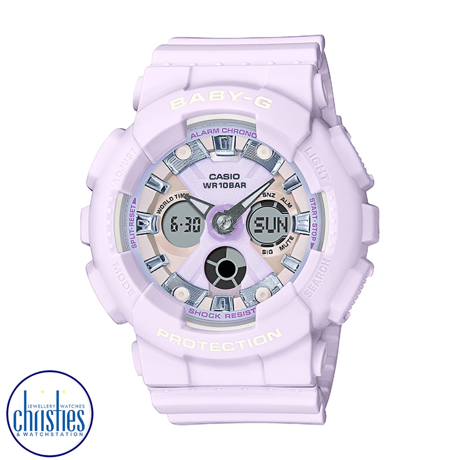 BA130WP-6A Casio BabY-G Watch Icy Pastel Series. Keep your cool with an icy pastel take on the ever-popular mannish BA-130 design with oversized case. Shock-resistant construction and water resistance up to 100 meters deliver the durable practicality you 