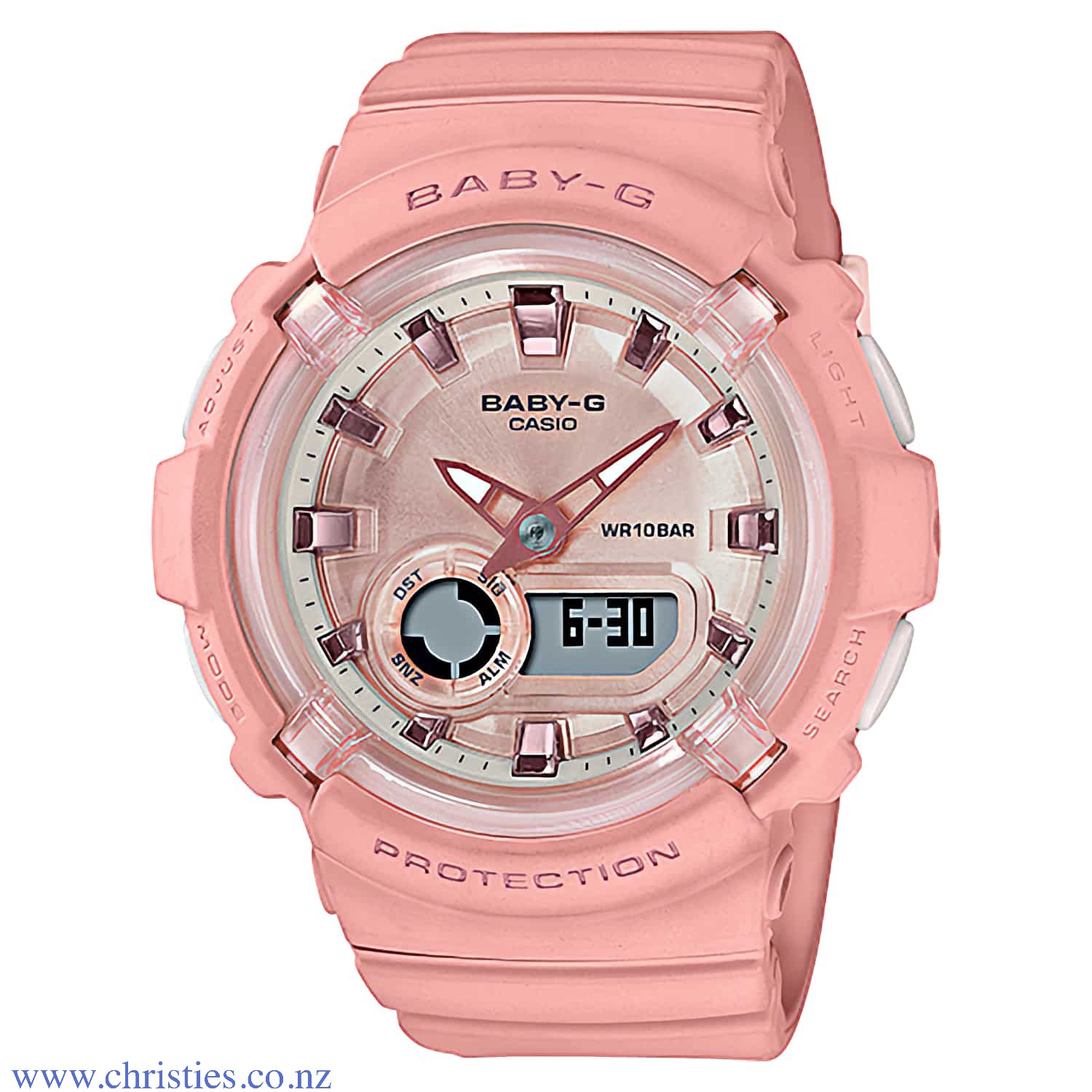 BGA280-4A Casio Baby-G Watch.   The BGA-280 Series layers multiple parts to create innovative and colourful designs. The round cases of these models and the cute impression of their hefty forms are complemented by the sporty touch of the m @christies.onli