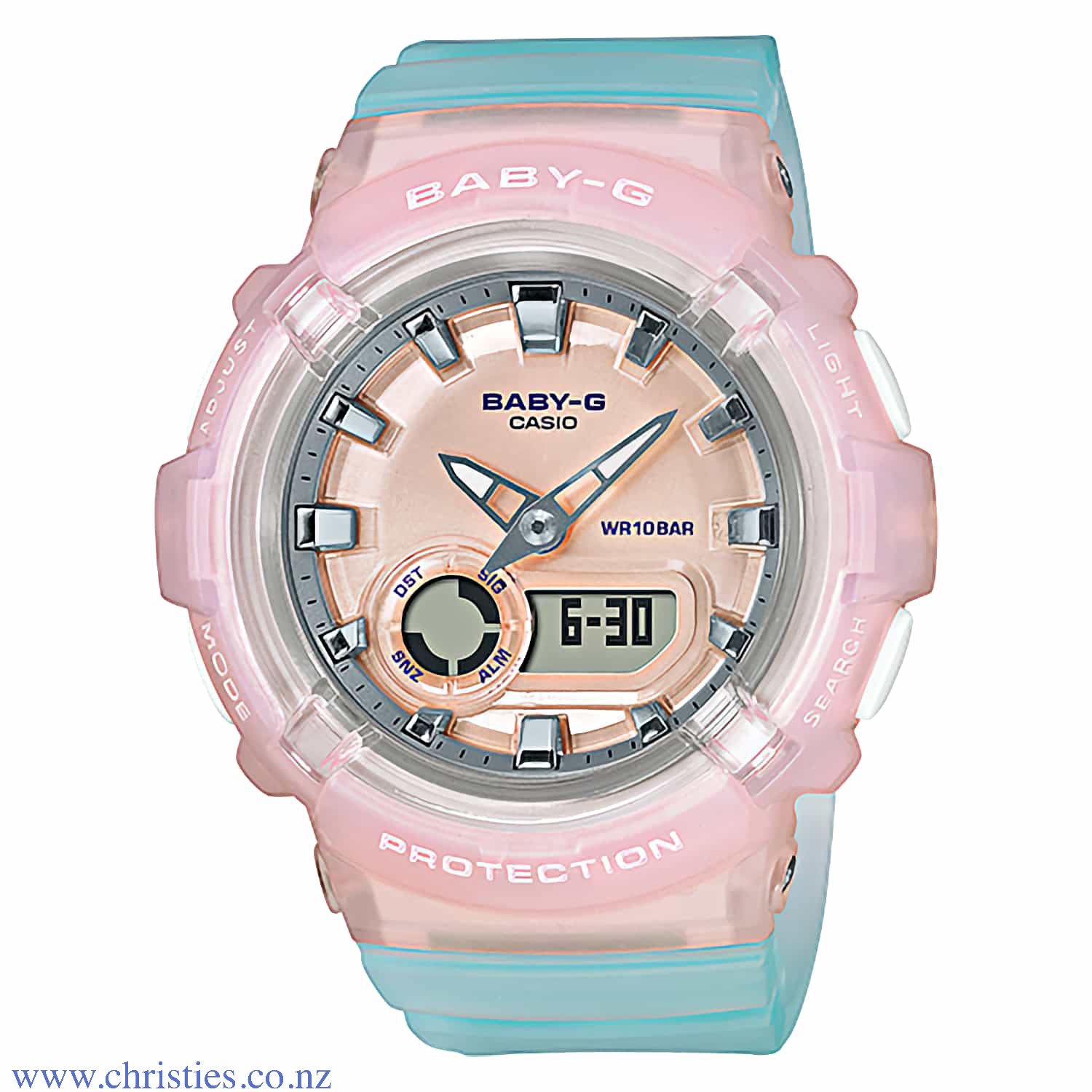 BGA280-4A3 Casio Baby-G Watch. The BGA-280 Series layers multiple parts to create innovative and colourful designs. The round cases of these models and the cute impression of their hefty forms are complemented by the sporty touch of the metallic hou baby-