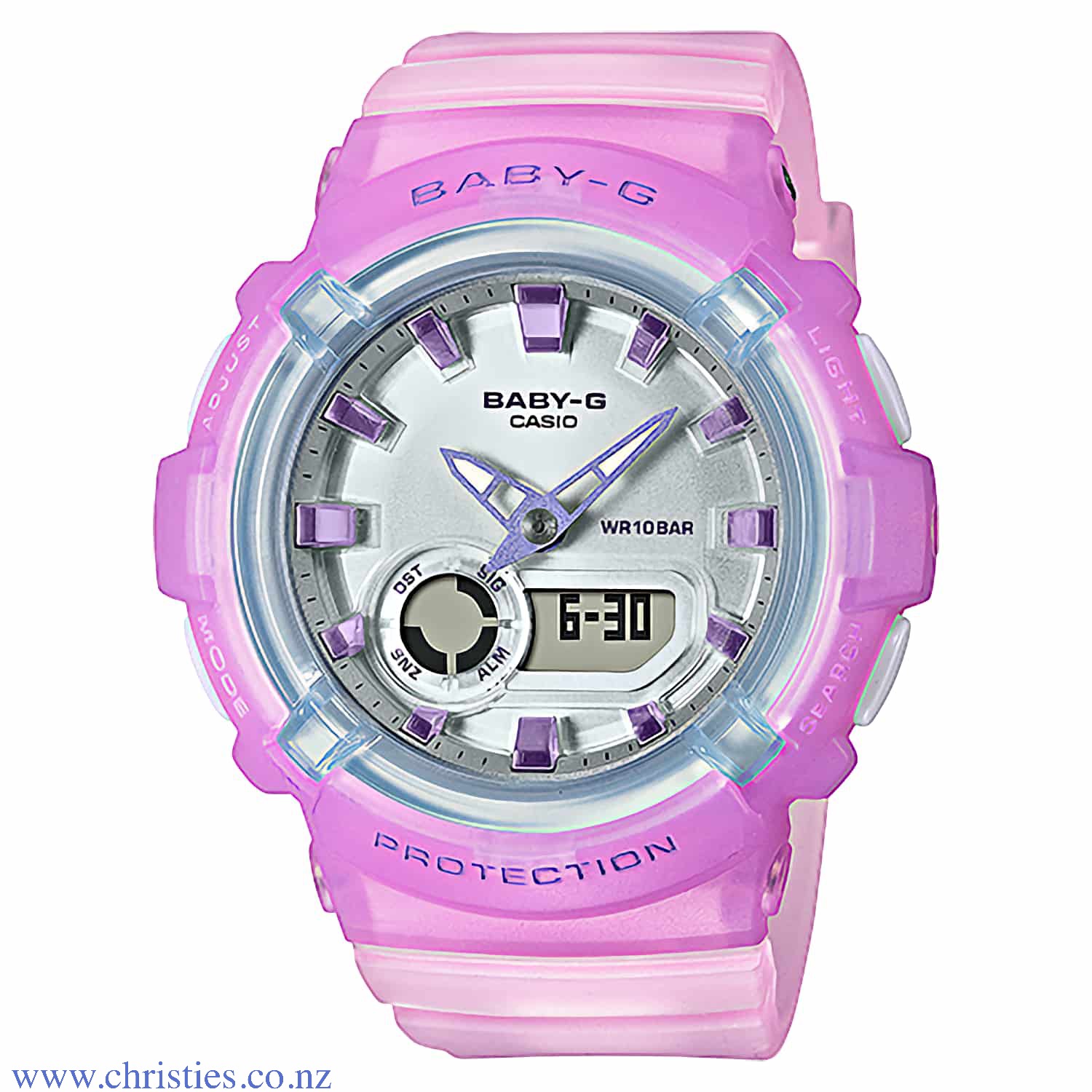 BGA280-6A Casio Baby-G Watch. The BGA-280 Series layers multiple parts to create innovative and colourful designs. The round cases of these models and the cute impression of their hefty forms are complemented by the sporty touch of the metallic hou baby-g