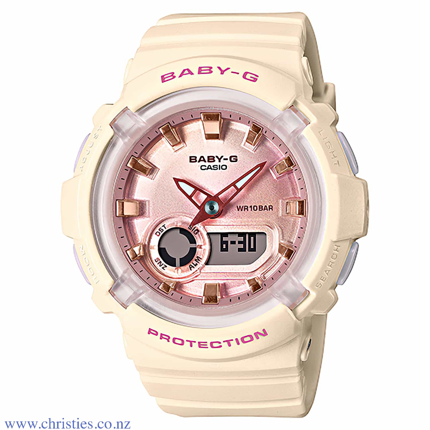 BGA280-4A2 Casio Baby-G Watch. The BGA-280 Series layers multiple parts to create innovative and colourful designs. The round cases of these models and the cute impression of their hefty forms are complemented by the sporty touch of the metallic hou baby-
