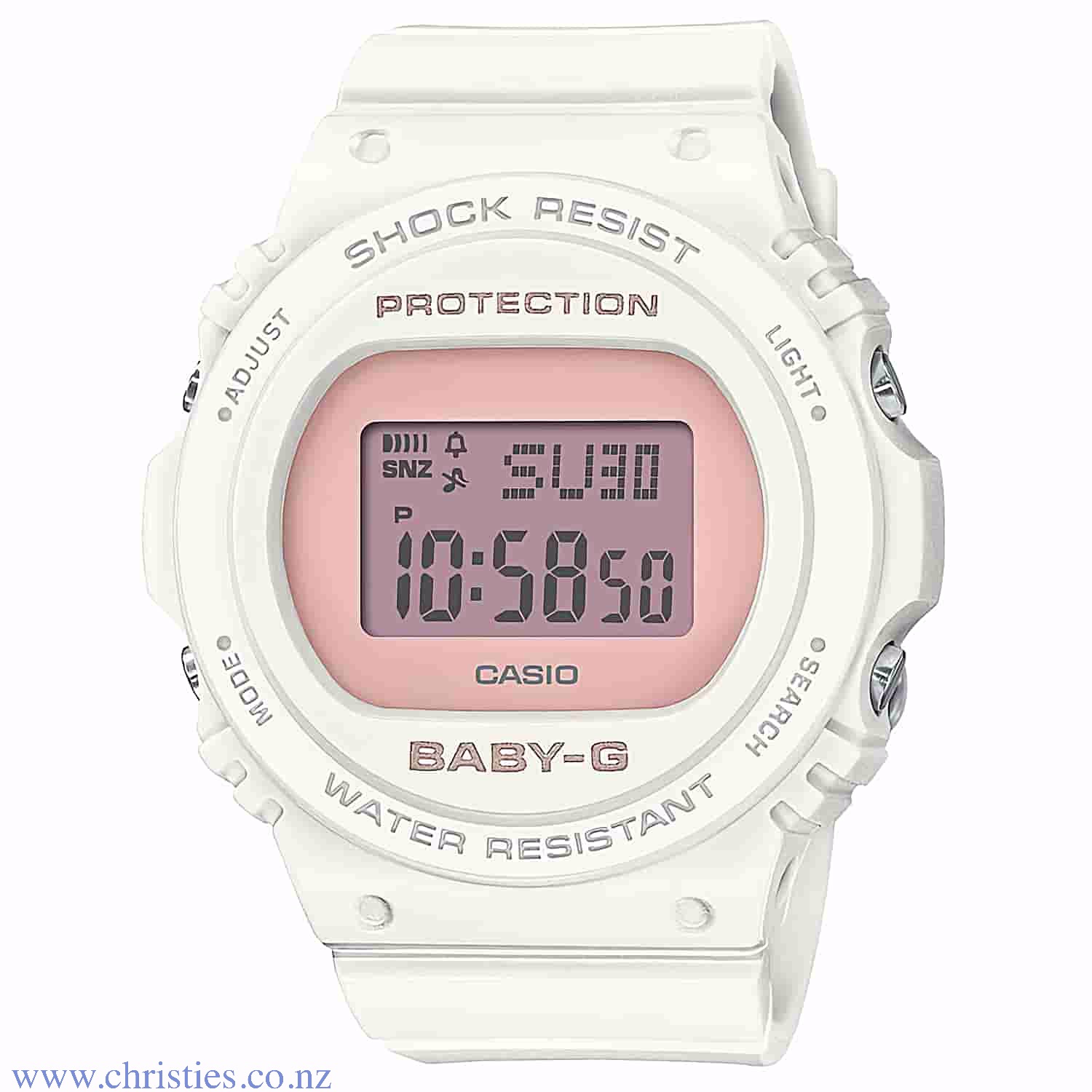 BGD570-7B Casio BABY-G  Watch. This model provides a cool white colour with pink beige accents for exciting new designs. The base model is the popular round face BGD-570. Functions include 200-metre water resistance and shock-resistant structure, maki @ch