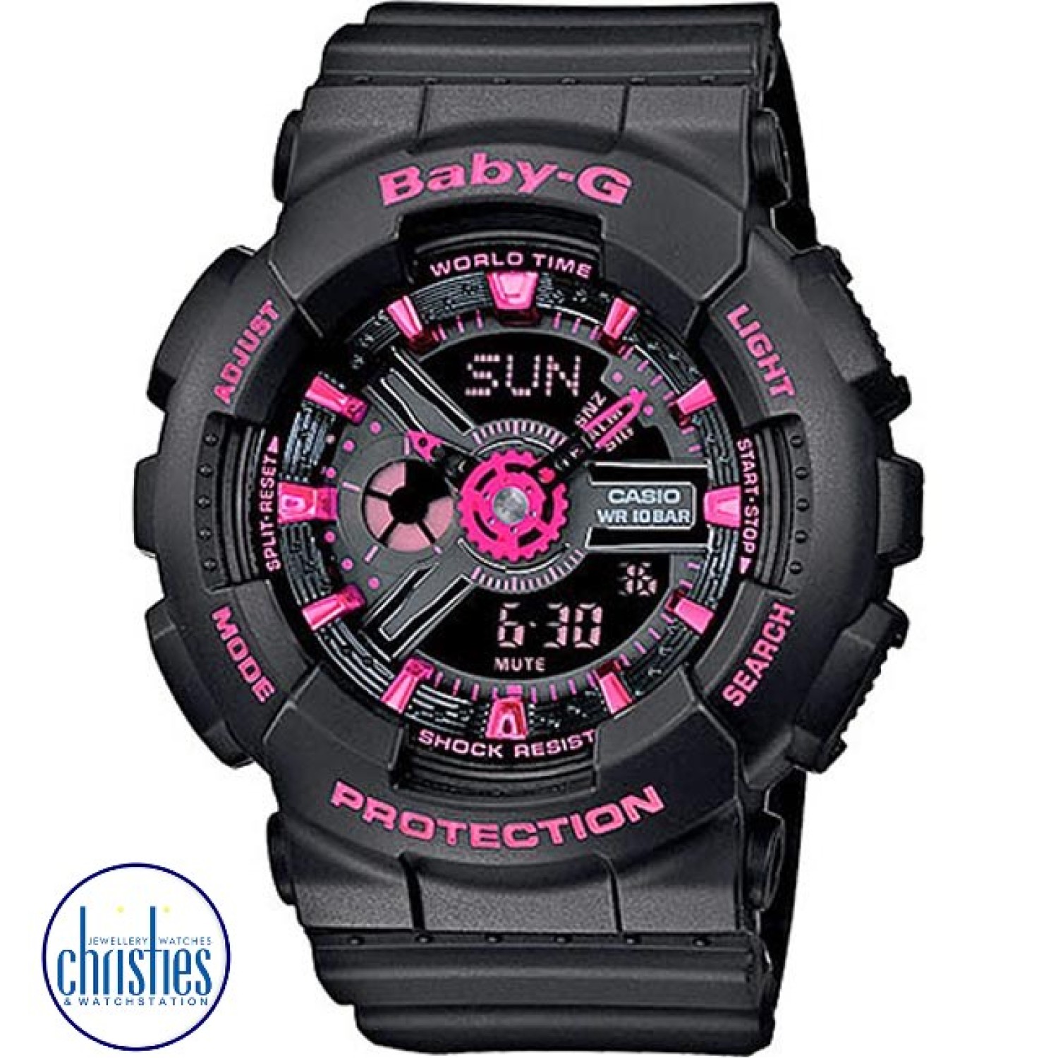BA111-1A  Casio Baby-G Neon Series. This new street fashion neon colour is the latest addition to the popular BA110 Series. The dial of this model is basic black, accented with pink. Layered construction creates a multi-dimensional design that is accented