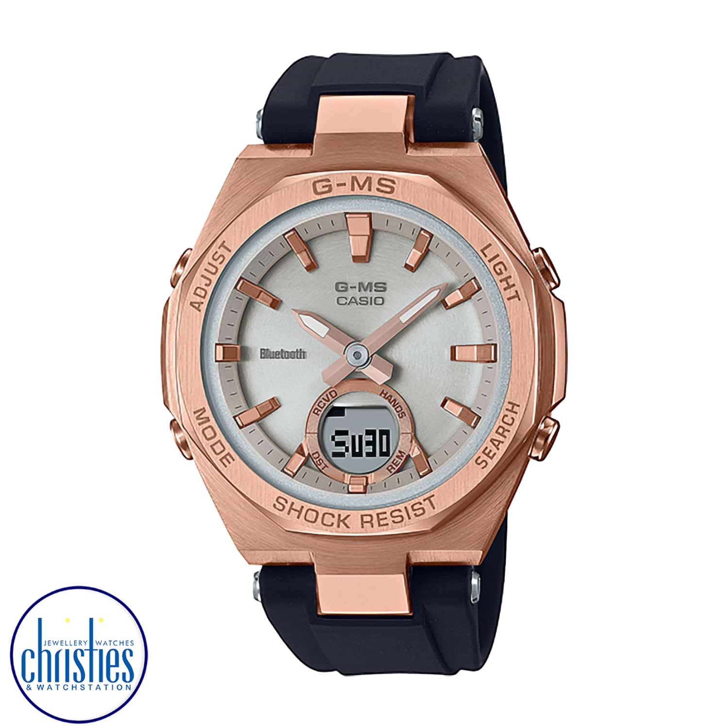 MSGB100G-1A BABY-G G-MS Bluetooth Watch. Have it both ways! The practical luxury and G-SHOCK strength of the G-MS metal design meets the intuitive connectivity of the MSG-B100 line for even more convenience and smartphone-enhanced functionality. Just pair
