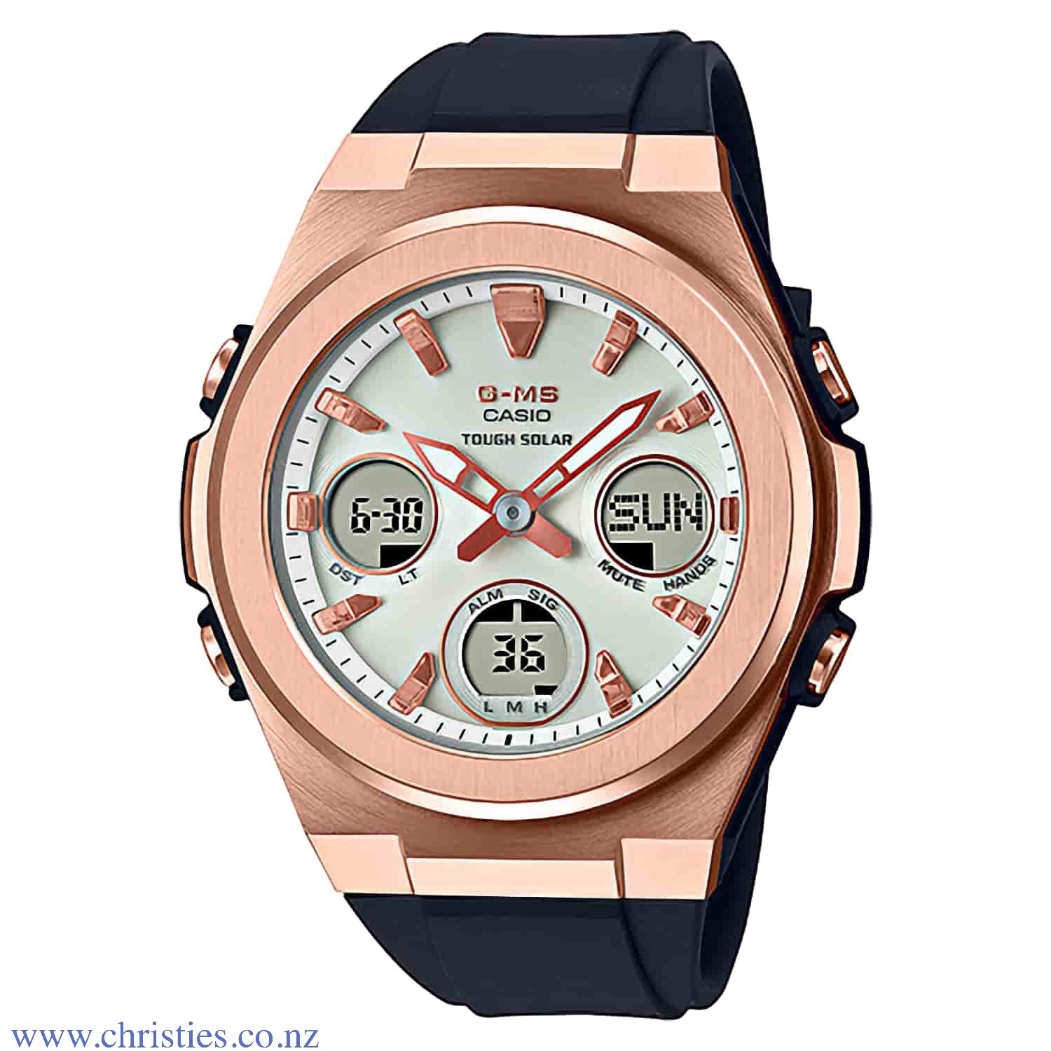 MSGS600G-1A Casio BabY-G G-MS Solar Rose Watches. The three digital displays of these models combine with analog timekeeping to create a sporty yet elegant look. These watches feature elegant metal cases and resin bands available in black or white for per