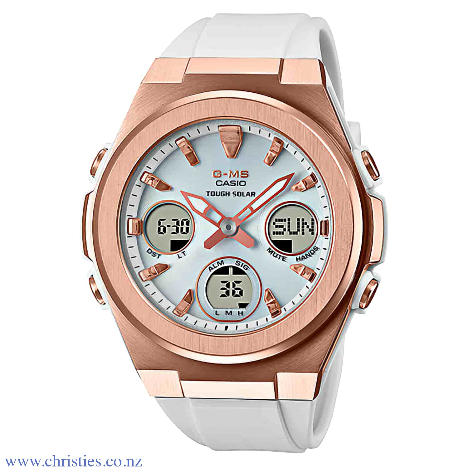 MSGS600G-7A Casio BabY-G G-MS Solar Rose Watches. The three digital displays of these models combine with analog timekeeping to create a sporty yet elegant look. These watches feature elegant metal cases and resin bands available in black or white for per