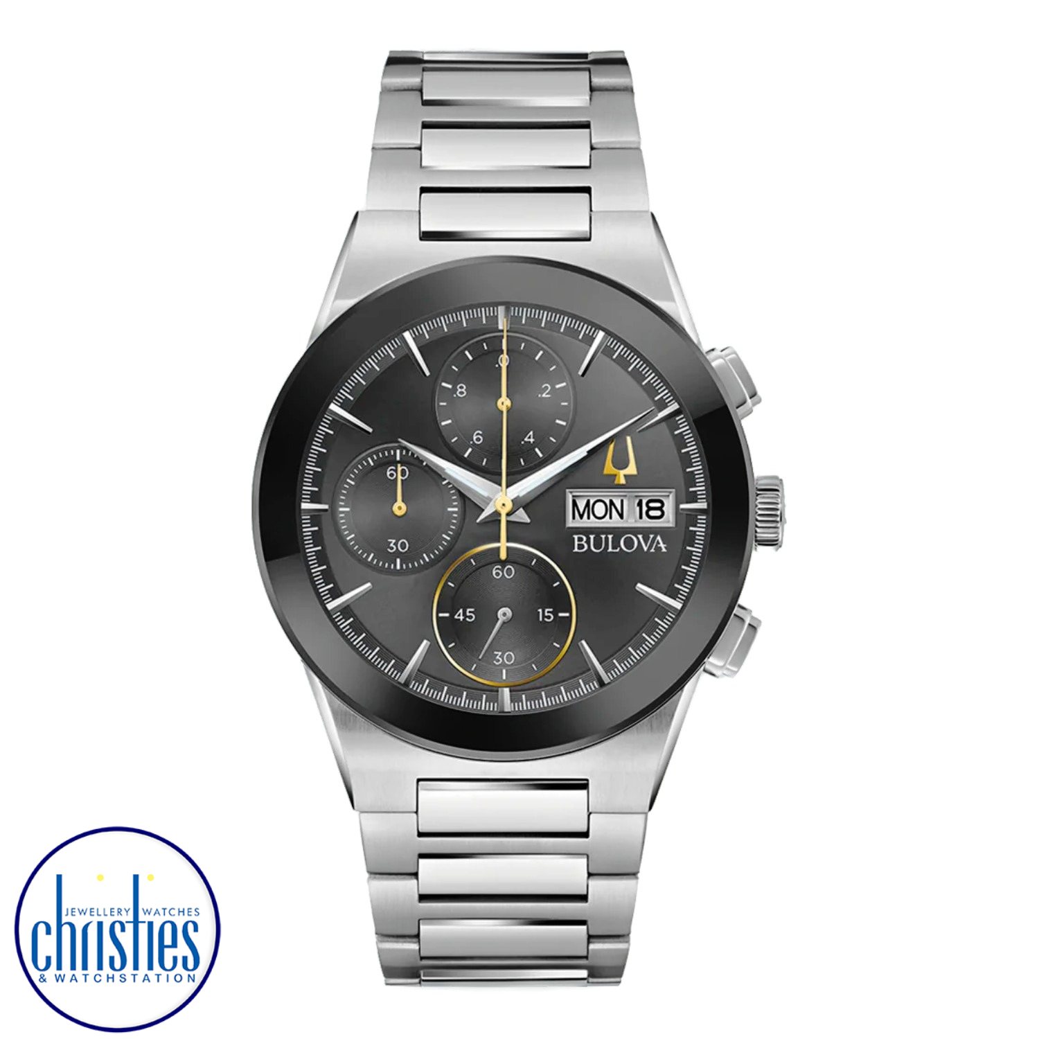 96C149 Bulova Men's Classic Modern Watch. The Bulova Modern Millennia collection's sophisticated chronograph watch seamlessly combines form and function.