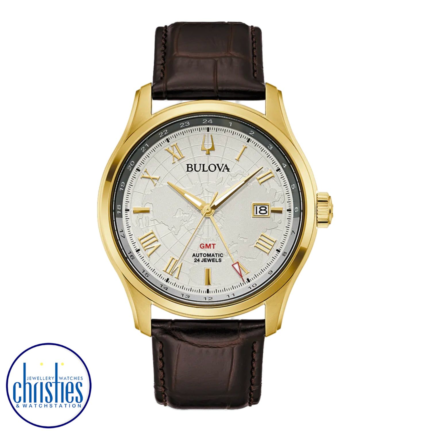 97B210 Bulova Men's Classic Wilton Watch. Timeless elegance is effortlessly combined with advanced GMT function in the luxurious, new Wilton Automatic timepiece from the Bulova Classic collection.
