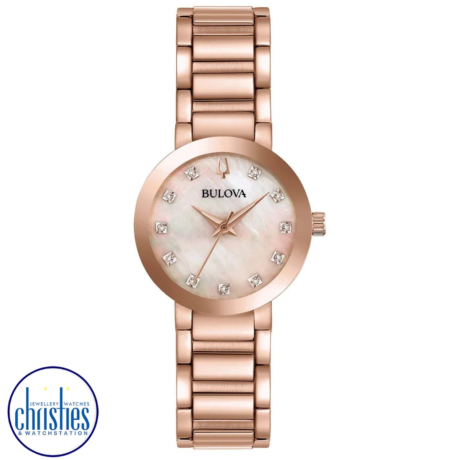 97P132 Bulova Women's Diamond Watch. The Bulova 97P132 is a luxurious timepiece that combines rose gold-tone stainless steel with 11 diamonds that are individually hand set on a rose-gold mother-of-pearl dial.