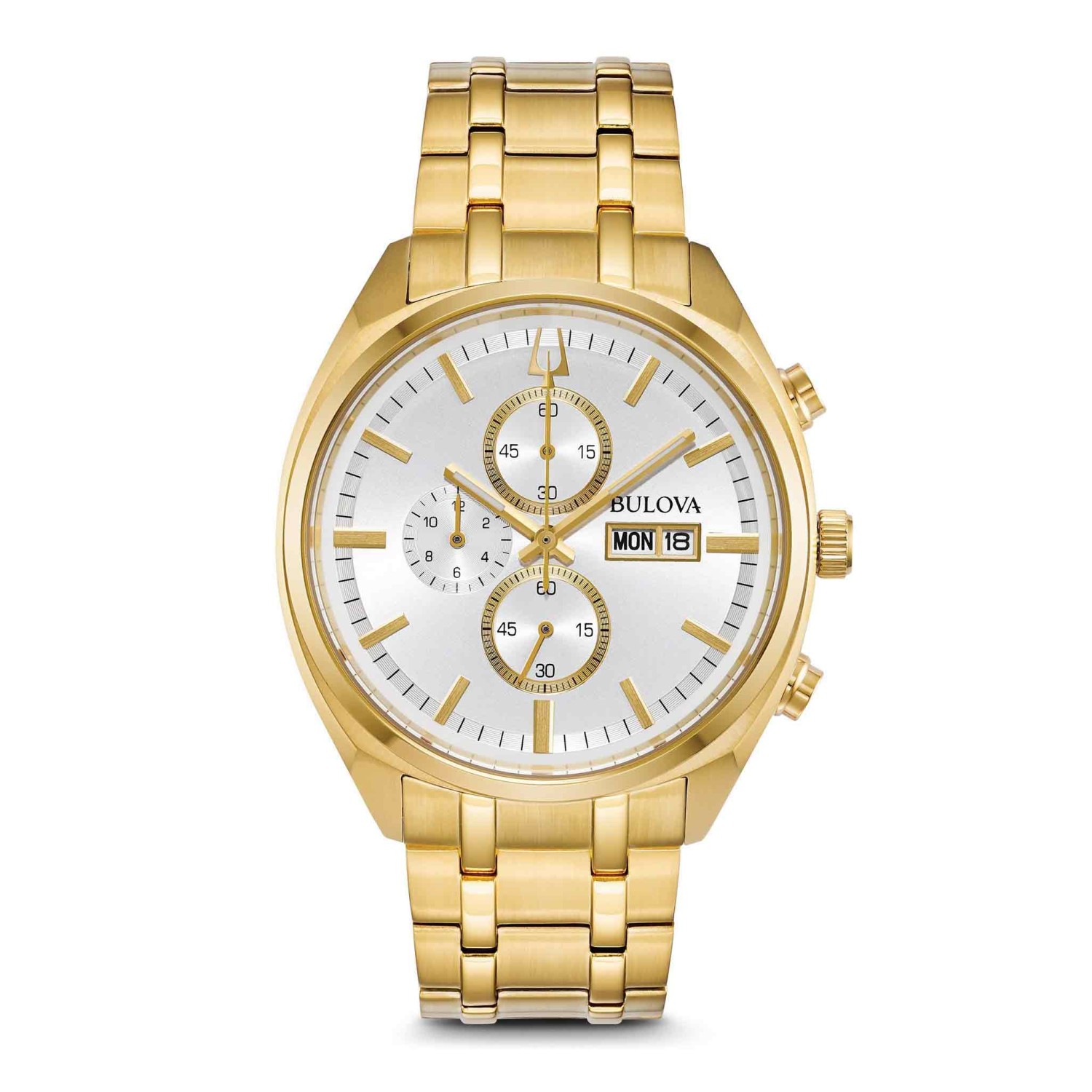 97C109 Bulova Mens Surveyor Chronograph Watch. Heritage-inspired quartz chronograph with gold-tone stainless steel case, silver white six-hand dial with day/date feature, domed mineral crystal, gold-tone stainless steel bracelet with short fold-over pushe