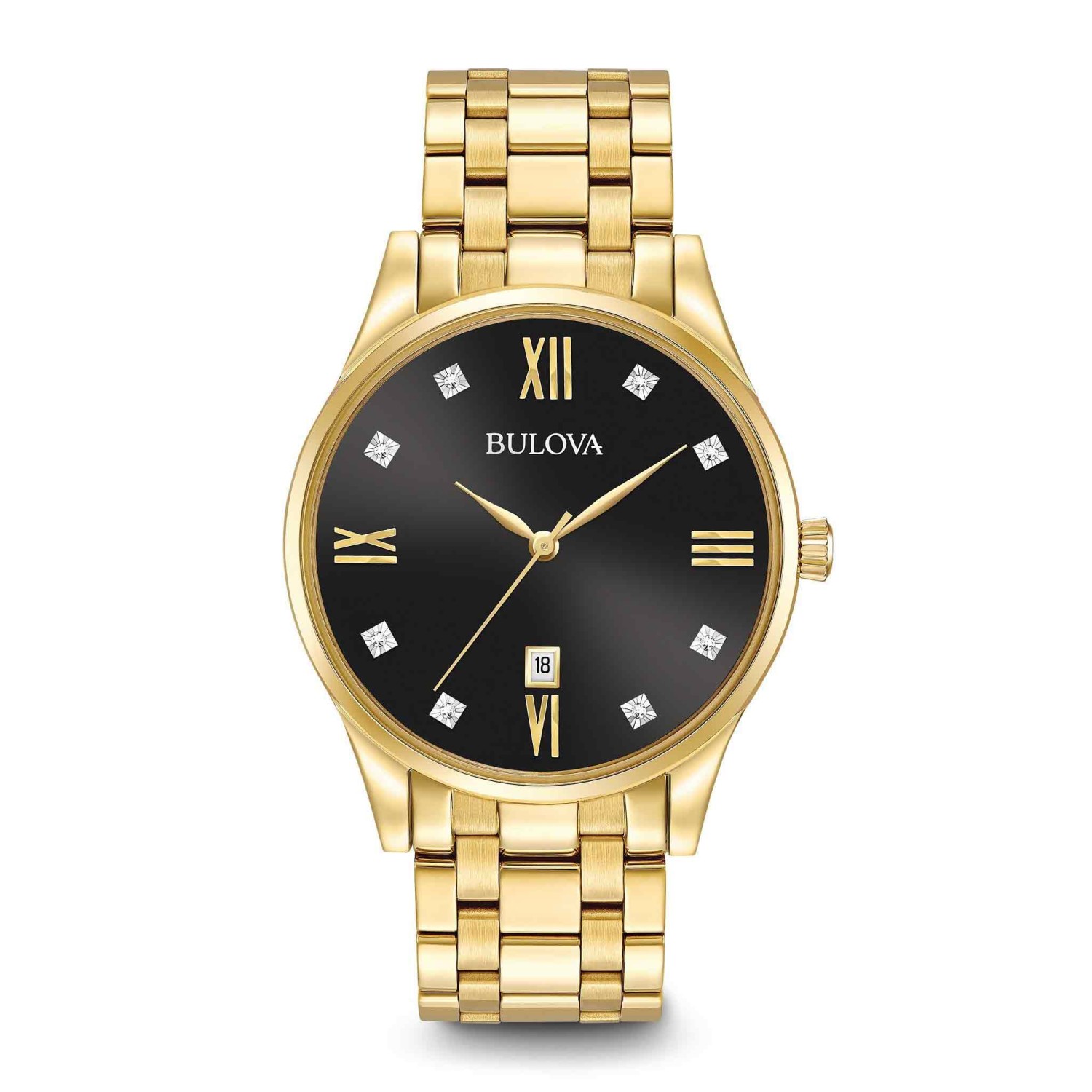 97D108 Bulova Mens Diamond Watch. From the Diamonds Collection. New 8-diamond black dial, gold-tone stainless steel case and bracelet with double-press deployant closure, three-hand calendar, and flat mineral glass.3 Year Guarantee  Oxipay is simply @chri