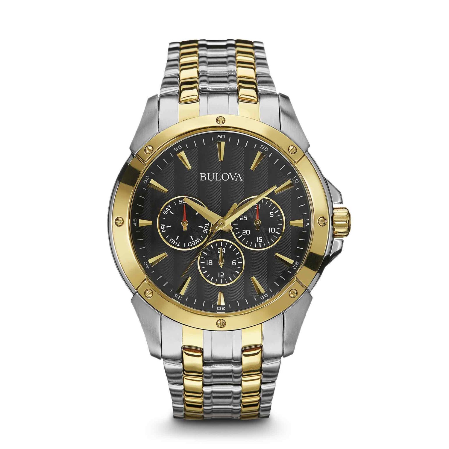 98C120 Bulova Mens Watch. From the Classic Collection. Multifunction design in stainless steel with two-tone gold and silver ion-plated finish, patterned black dial, day, date and 24-hour sub-dials, screw-back case, and double-press fold-over cla @christi