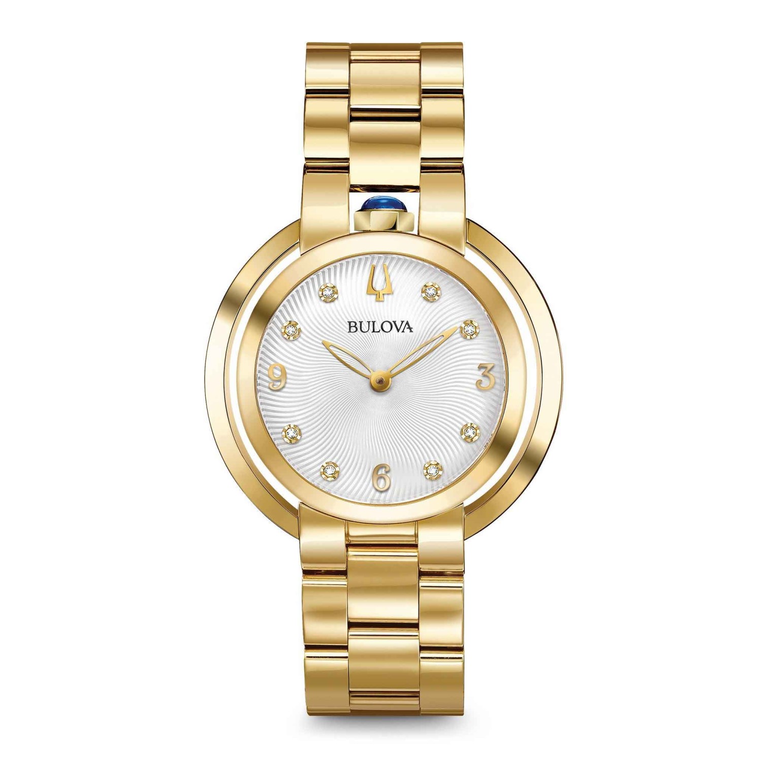97P125 Bulova Womens Rubaiyat Watch 97P125 - NZ 97P125 Bulova Womens Rubaiyat Watch. From the Rubaiyat Collection. Legendary heritage reinvented in gold-tone stainless steel case with synthetic blue spinel cabochon crown at 12 o clock position and eight diamonds individually hand set on textured silver