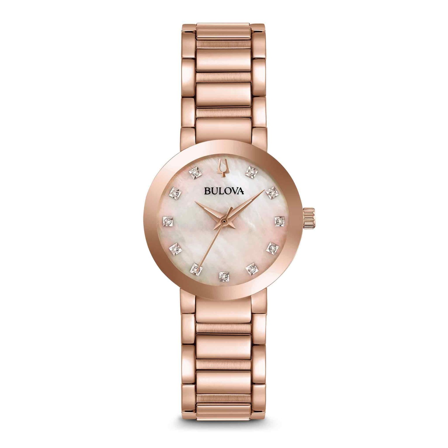 97P132 Bulova Womens Futuro Diamond Watch 97P132 - NZ 97P132 Bulova Womens Futuro Diamond Watch. From the Futuro Collection. In rose gold-tone stainless steel and 11 diamonds individually hand set on rose-gold mother-of-pearl dial, metalized edge-to-edge domed mineral crystal, screw-back case, rose gold-tone