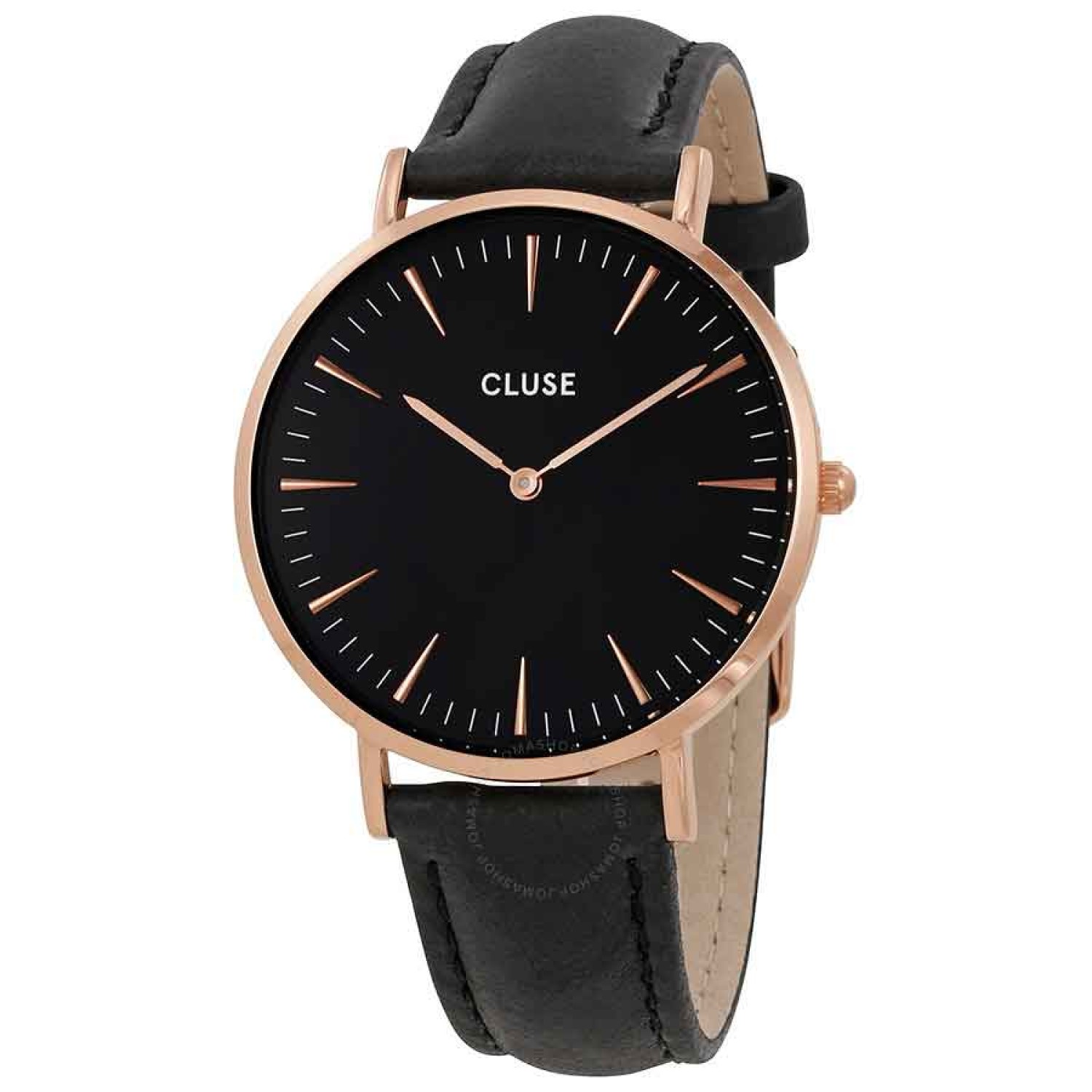 CL18001 CLUSE La Bohème Rose Gold Watch. The CLUSE La Bohème model features an ultra thin case with a 38 mm diameter, crafted with precision for a sophisticated and elegant result. Black and rose gold are combined with a black leather strap, detailed with