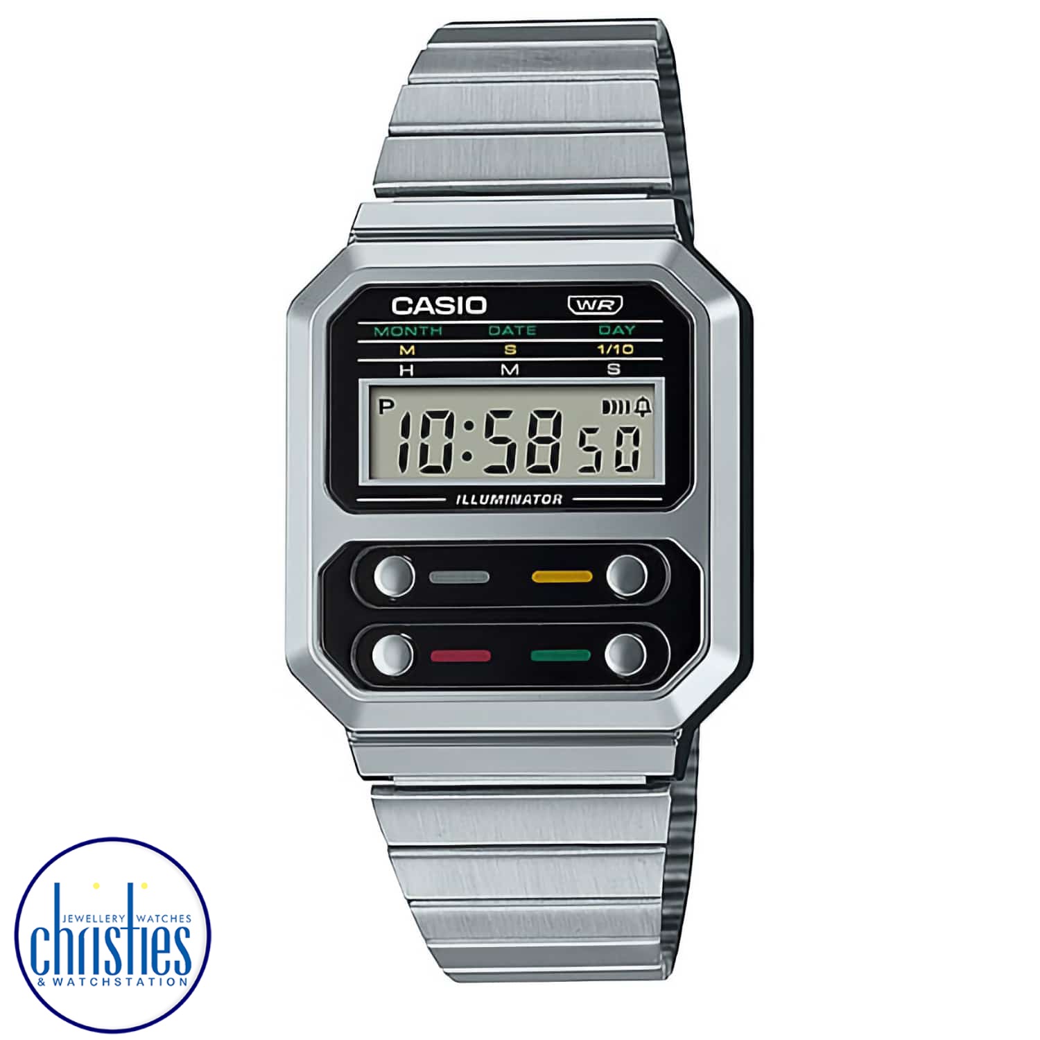A100WE-1A  CASIO Vintage Collection Watch. Indulge your inner gadget geek with this stylish non-gendered timepiece straight from the Casio Vintage collection.  The A100 line pays homage to the F‐100, the first Casio watch built with a resin case. We’ve ke