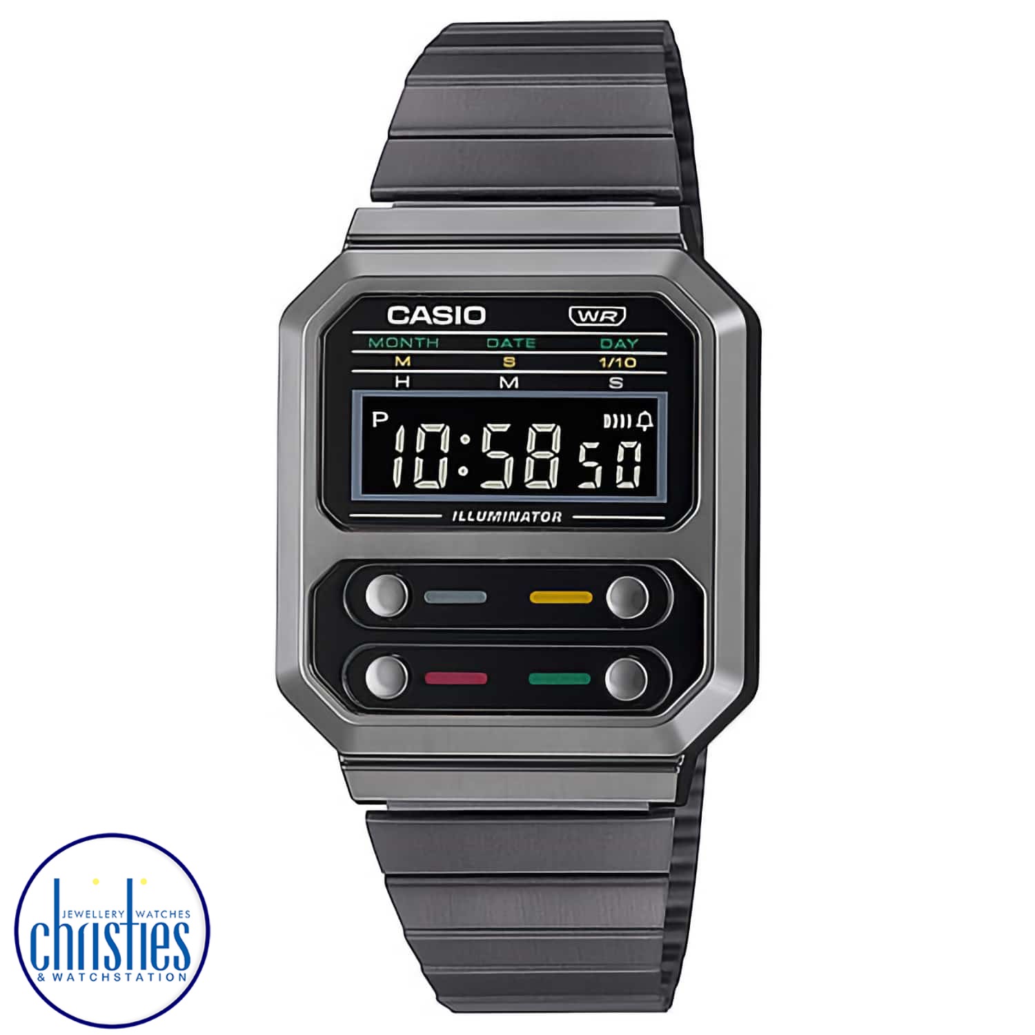 A100WEGG-1A  CASIO Vintage Collection Watch. Indulge your inner gadget geek with this stylish non-gendered timepiece straight from the Casio Vintage collection.  The A100 line pays homage to the F‐100, the first Casio watch built with a resin case. We’ve 