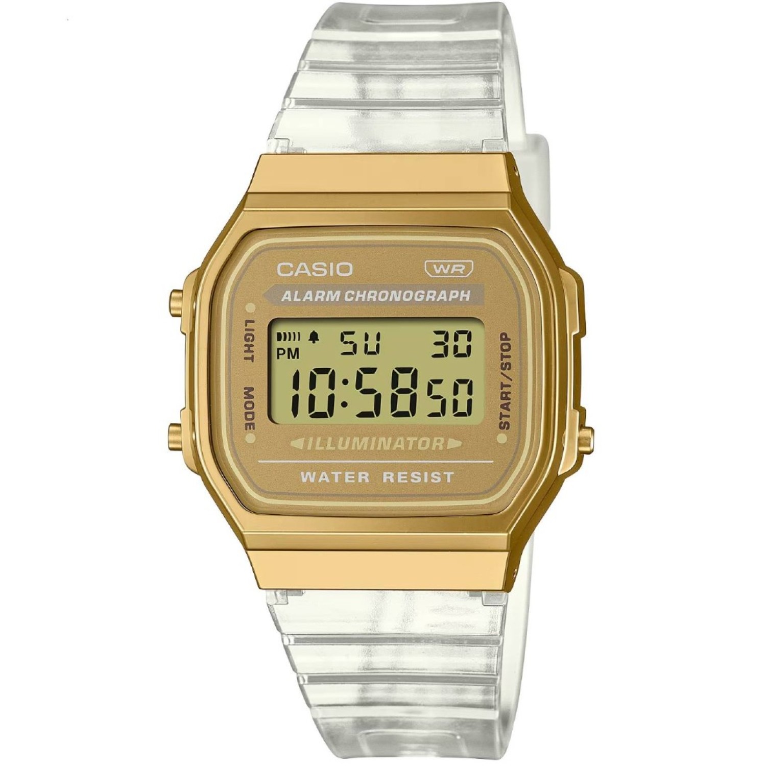 A168XES-9A Casio Vintage Series Watch - Retro Style & Modern Features A168XES-9A Casio Vintage Series Watch with retro style and modern features with a gold metallic case and translucent band