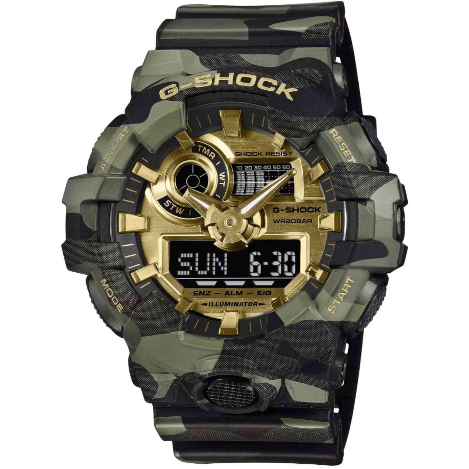Casio G-Shock GA700CMG-3A (GA-700CMG-3A) Camo and Gold Analog Digital Watch front view
