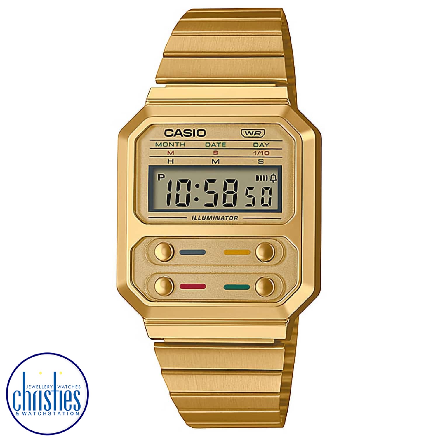 A100WEG-9A  CASIO Vintage Collection Watch. Indulge your inner gadget geek with this stylish non-gendered timepiece straight from the Casio Vintage collection.  The A100 line pays homage to the F‐100, the first Casio watch built with a resin case. We’ve 