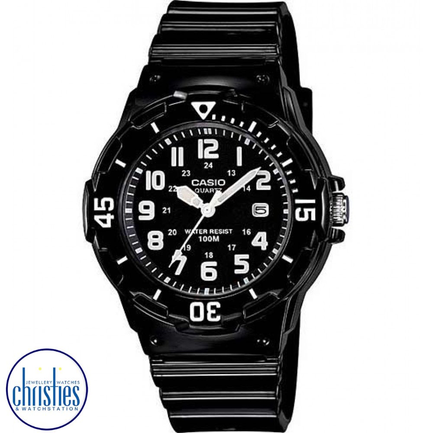 LRW200H-1B Casio 100 Metres Watch. Simple and compact, these dive inspired ladies and childrens 3-hand analog timepieces feature 100 metres water resistance, a bi-directional rotating bezel and date display. A gloss black resin band analog watch with whit
