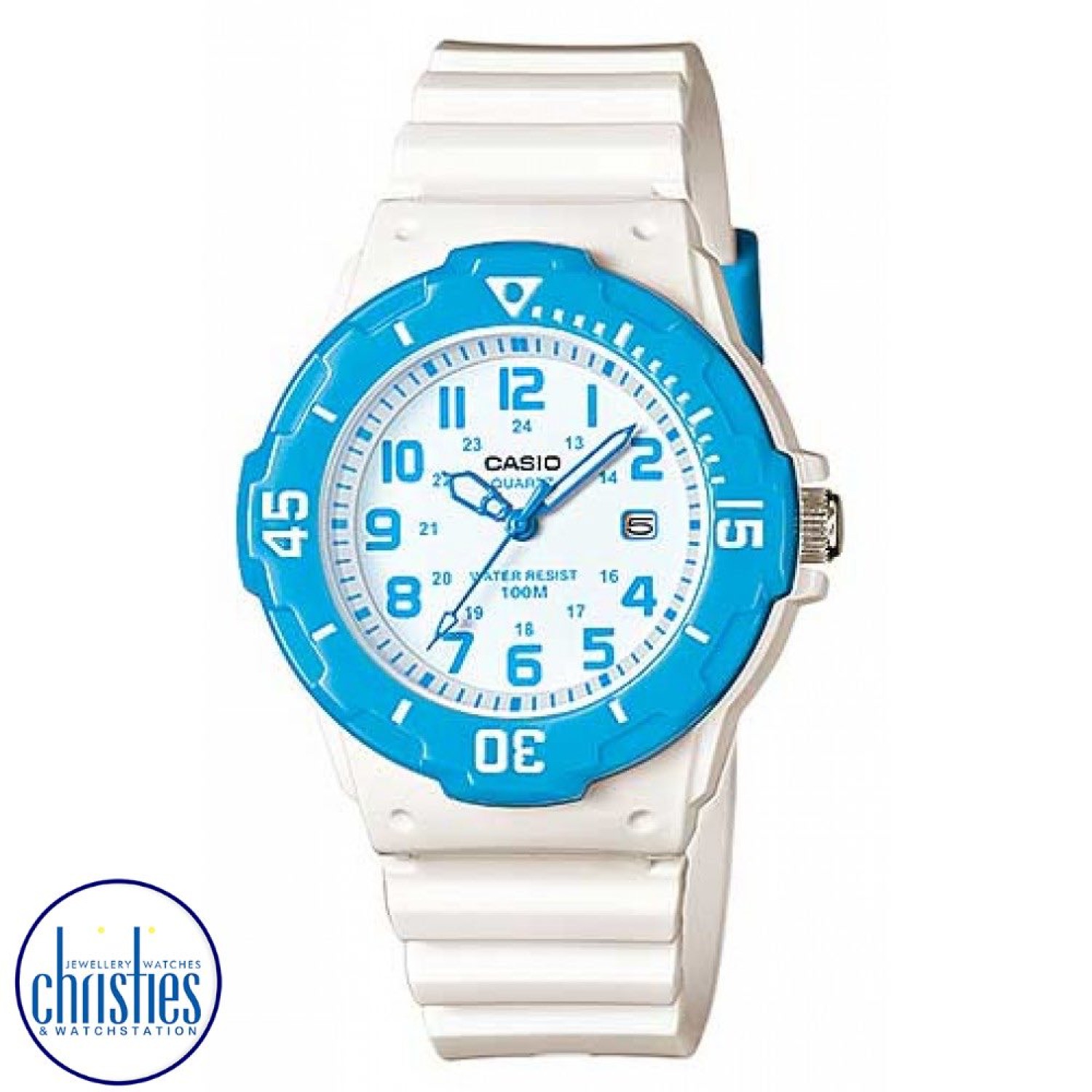 LRW200H-2B Casio 100 Metres Water Resist Watch. Simple and compact, these dive inspired ladies and childrens 3-hand analog timepieces feature 100M water resistance, a bi-directional rotating bezel and date display. Gloss white resin band analog watch with