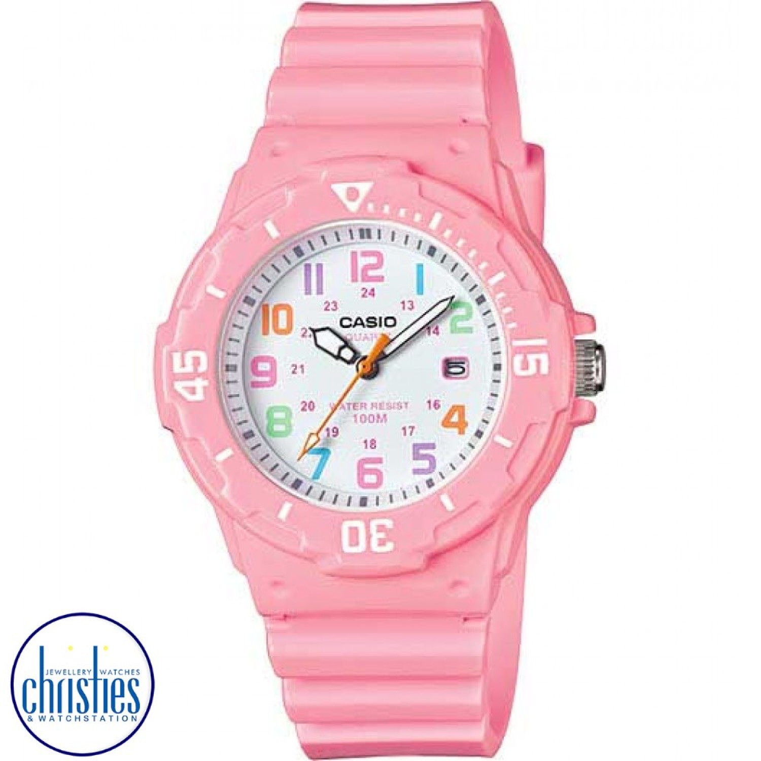 LRW200H-4B2 Casio 100 Metres Watch. Simple and compact, these dive inspired ladies and girls 3-hand analog timepieces feature 100 metres water resistance, a bi-directional rotating bezel and date display. A gloss pink resin band analog watch with mult col