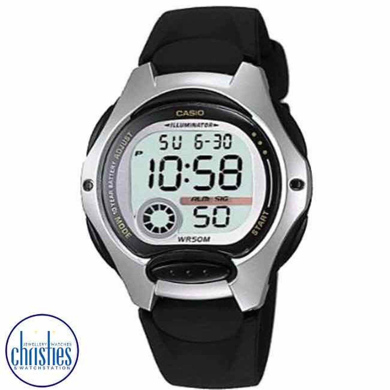 LW200-1A Casio 50 Metres Watch. Casio’s Illuminator digital watch is a sleek and sporty timepiece featuring a black plastic resin band, a metallic resin case and a large digital time display with stopwatch and day and date functions. Water-resistant to @c