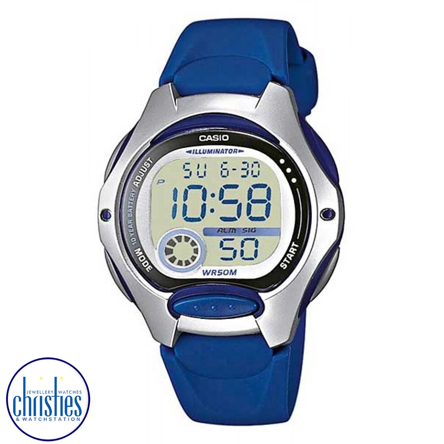 LW200-2A Casio 50 Metres Kids Watch. Casio’s LW200 Illuminator digital watch is a sleek and sporty timepiece featuring a Dark Blue plastic resin band, a metallic resin case and a large digital time display with stopwatch and day and date functions. Water-