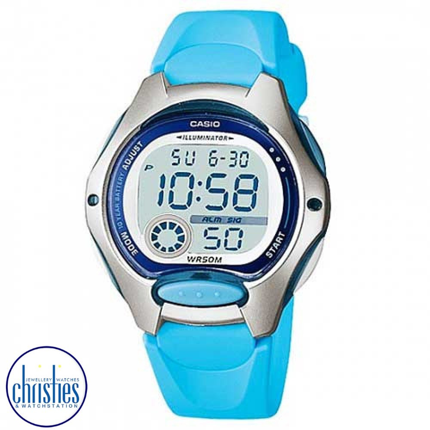 LW200-2B Casio 50 Metres Childrens Watch. Casio’s Illuminator digital watch for women or children is a sleek and sporty timepiece featuring a Light Blue  plastic resin band, a metallic resin case and a large digital time display with stopwatch and day and