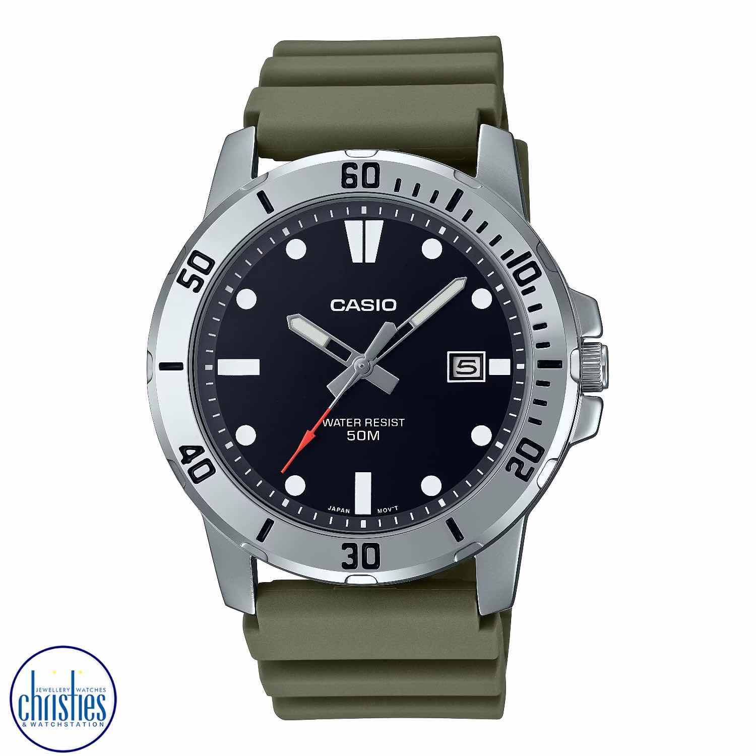 Christies Jewellery - MTPVD01-3E Casio Analogue 50 Metre Watch Introducing the Casio MTPVD01-3E - the perfect blend of sporty analog design and practicality.