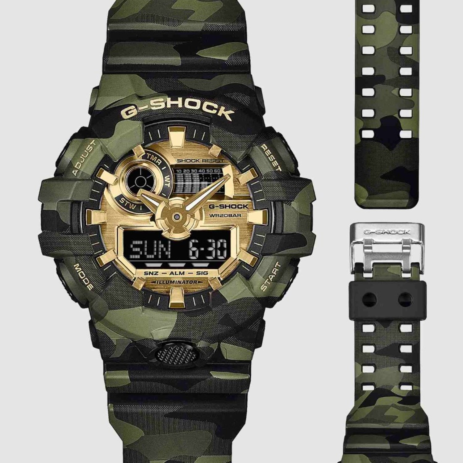 Casio G-Shock GA700CMG-3A (GA-700CMG-3A) Camo and Gold Analog Digital Watch front view